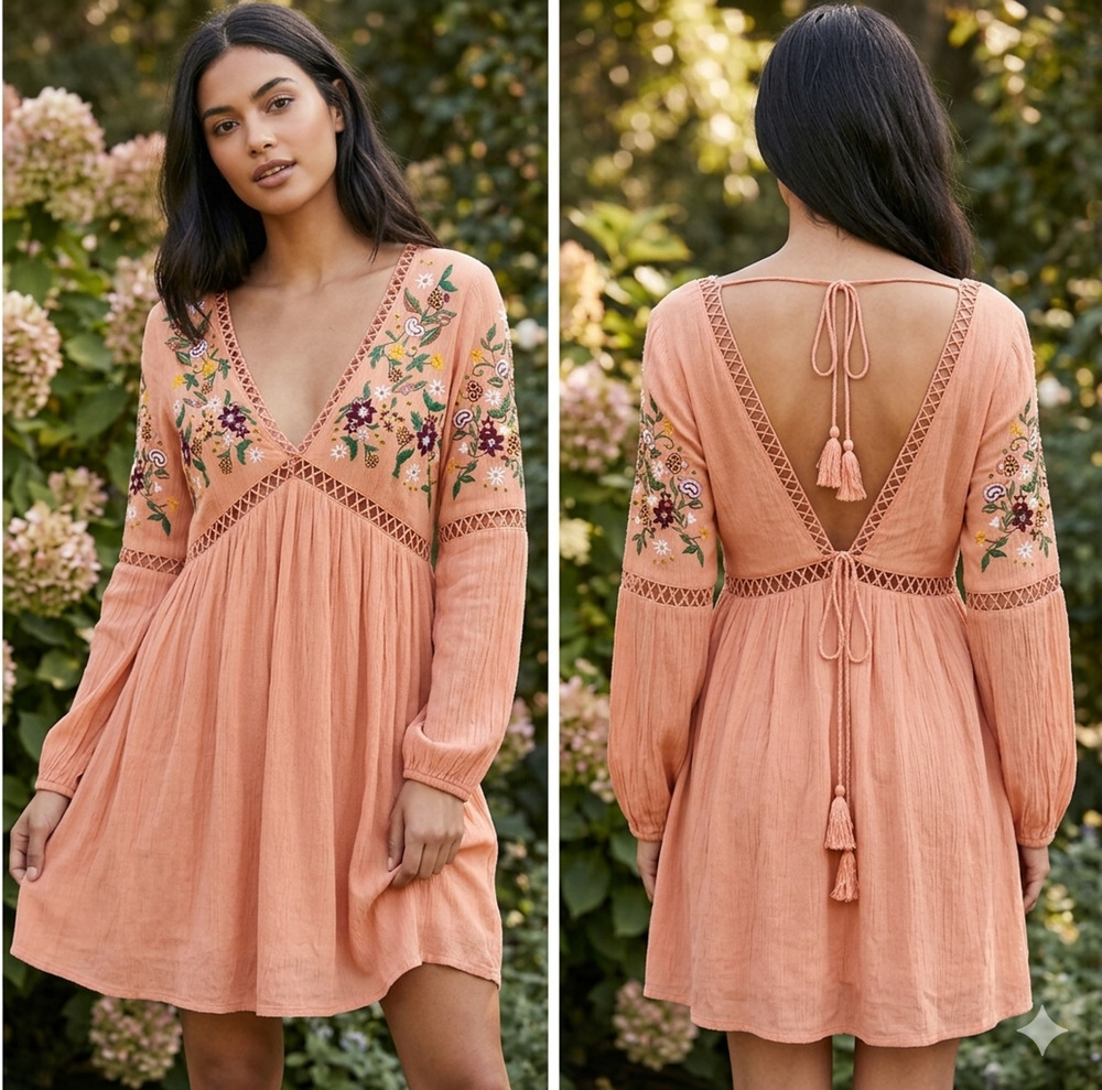 Womens Peach Lace crochet Embroidery Dress tunic V neck Boho vacation Sz-L
